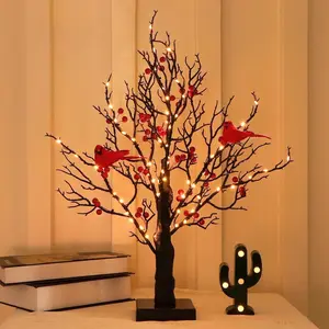 Christmas Tree Decorations - Cardinal Red Berry Lighted Tree for  Top Rated Christmas Tree Decorations - LED Lit Twig Tree with Cardinals & Berries for Indoor Festive Vibe Christmas Tree Decorations