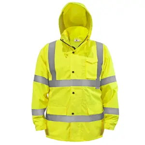 Safety Rain Jacket Reflective Green Hi-Vis Raincoat Rainjacket w Hood S-5XL