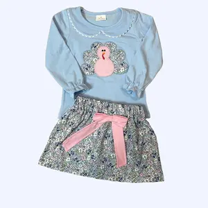 Little Western Boutique  | Thanksgiving Outfit for Girls: Long Sleeve + Turkey Print Skirt Set Cotton Blue Floral Design Cute Kids Clothes