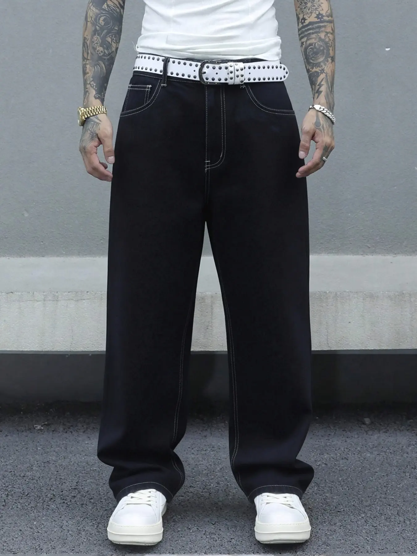 Men's 2025 New Arrival Menswear Black Oversized Baggy Jeans Casual Comfy Jeans High-Street Contrast Stitch Detail Pocket Denim Pants Relaxed Fit Streetwear Essential for Daily Casual & Hip-Hop Fashion Outfits 🔥