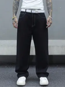 Men's 2025 New Arrival Black Oversized Baggy Jeans High-Street Contrast Stitch Detail Denim Pants Relaxed Fit Streetwear Essential for Daily Casual & Hip-Hop Fashion Outfits 🔥
