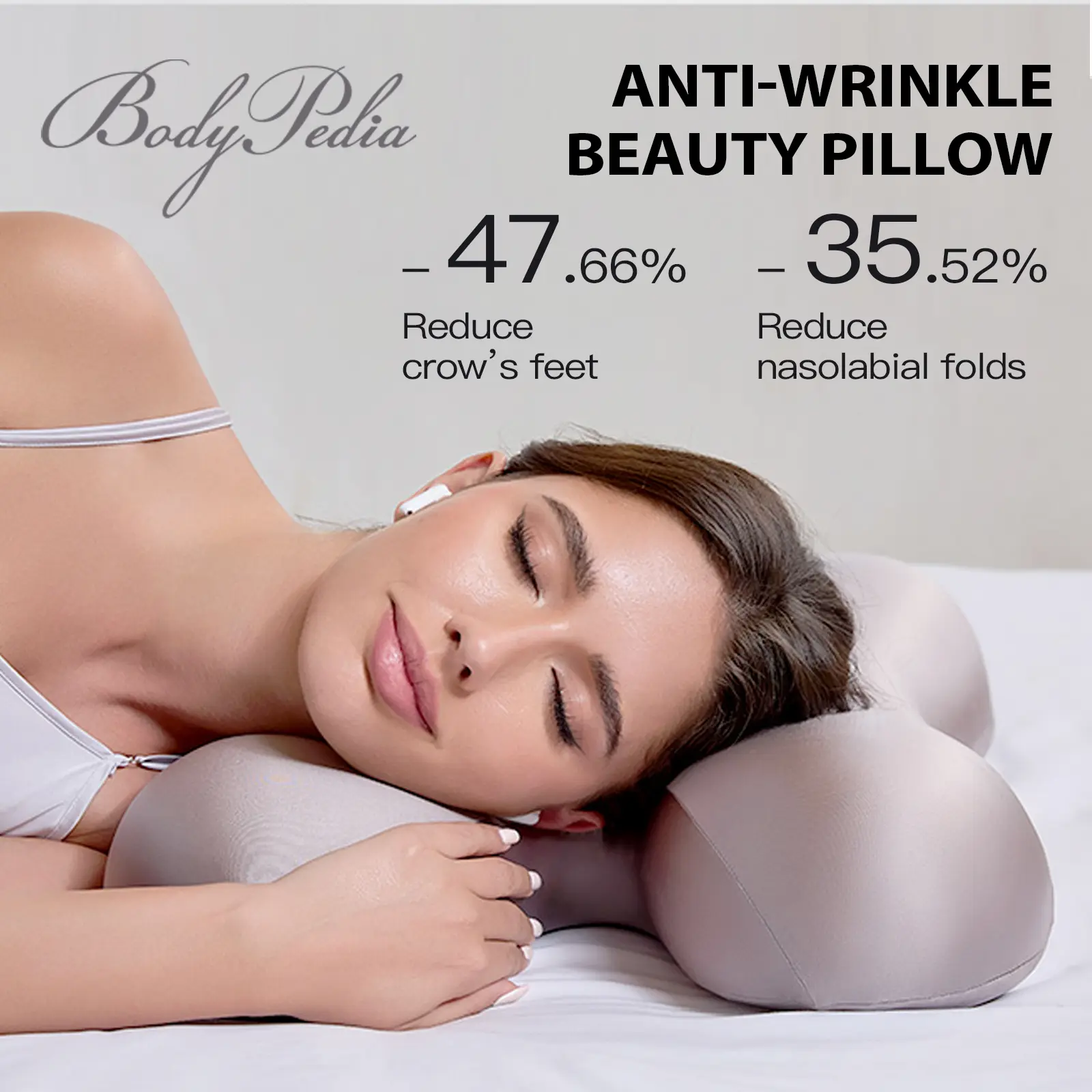 BodyPedia Mellow Cloud Anti-Wrinkle Pillow - Reduces Eye/Forehead Wrinkles,Slow Rebound Memory Foam, Cooling Silk Pillowcase, Ergonomic Groove Design for Wrinkle Prevention & Neck Comfort