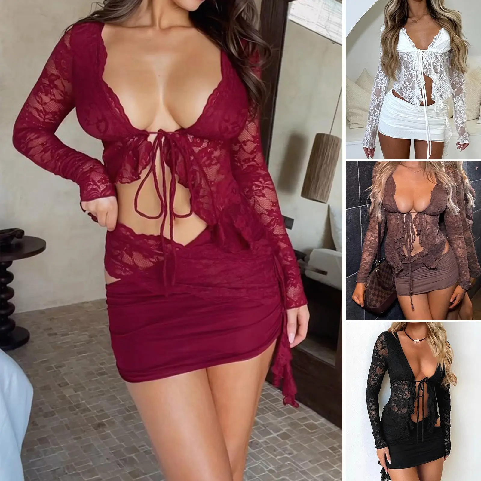 Hollow Out See-through Cardigan Self-tie Lace Long Sleeve Top Women's Clothing Fabric Fit Shirts Womenswear Asian Blouse Check Dress Flowers Nylon