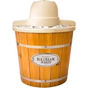 Electric Ice Cream Maker - Old Fashioned Soft Serve Ice Cream Machine Makes Frozen Yogurt or Gelato in Minutes - Fun Kitchen Appliance - Vintage Wooden Style - Light Wood - 4 Quart Utensils Aluminium