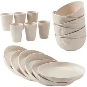 18pcs Wheat Straw Dinnerware Sets Unbreakable Reusable Dinnerware Set Kitchen Cups Plates and Bowls Sets Dishwasher Microwave Safe Plates