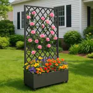 35" Metal Raised Planter Box with Diamond Trellis & Lockable Wheels, Deep Galvanized Garden Bed with Privacy Screen & Drainage Holes, Black