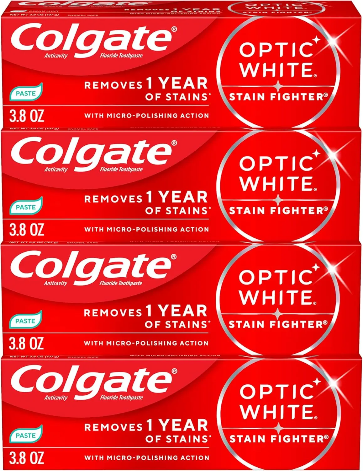 Optic White Stain Fighter Whitening Toothpaste, Mint, 4 Pack, 3.8oz