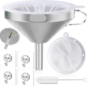 Premium Stainless Steel Funnel, 5 Inch Food Grade Kitchen Funnels with 200 Mesh Food Filter Strainer for Filling Bottles, Oils, Juice, Wine, Coffee, Milk