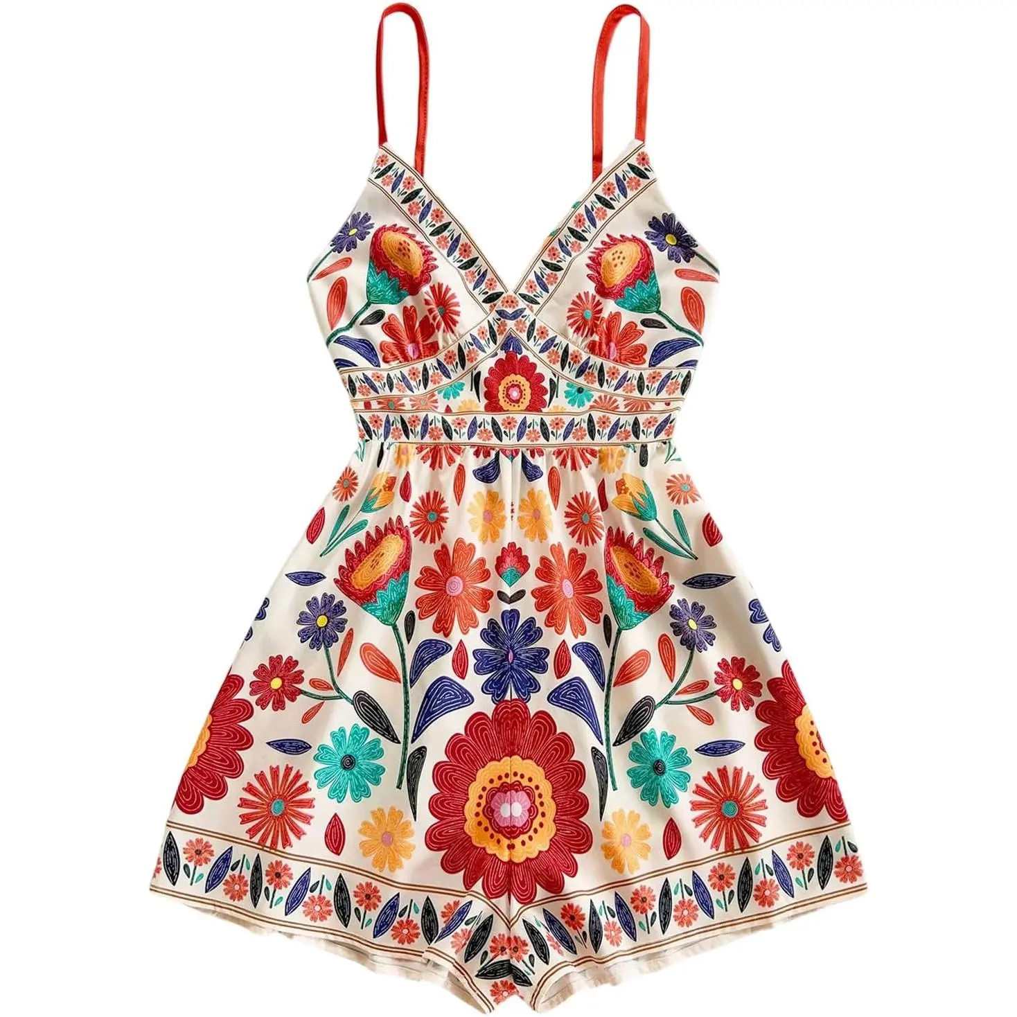 Women's Chic Bohemian Floral Print Romper, Sleeveless Spaghetti Strap Wide Leg Outfit for Tropical Summer Vacation, Outdoor, Soft, Casual, Breathable, Comfortable, Boho Floral Jumpsuits & Rompers