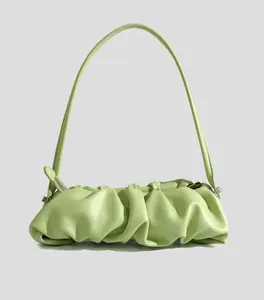 Pleated Fashion Underarm One-shoulder Diagonal Bag in Soft Green with Ruched Design and Adjustable Handle for Versatile Use