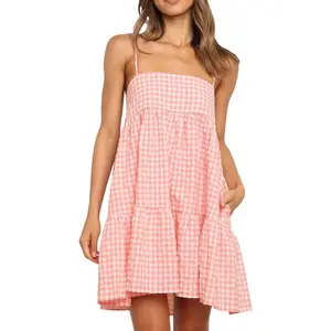 Women's Fit Polyester Plaid A-Line Spaghetti Strap Sleeveless Mini Dress - Adjustable Shoulder Straps, Ruffle Hem, Side Pocket, Elegant Casual Wear for Summer Parties