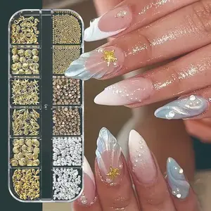 #Summer Beach Party  12-Piece 3D Ocean Theme Nail Art Decorations, Seahorse, Starfish, Conch, Pearl, Caviar Beads, Rhinestones, Alloy Material