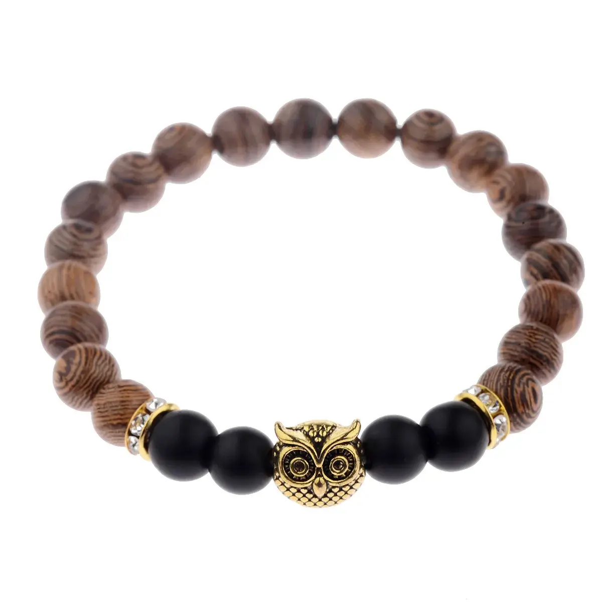Owl Frosted Stone Lifeline Wood Grain Bracelet for Men and Women with Gold Owl Charm and Black Beads
