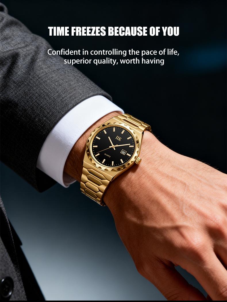 Men's Business Fashion Quartz Wristwatch - Gold Tone Black Dial with Luminous Markers, Date Function & Water Resistance,Elegant Gift Box Men's Business Fashion Quartz Wristwatch - Gold Tone Black Dial with Luminous Markers, Date Function & Water Resistance,Elegant Gift Box