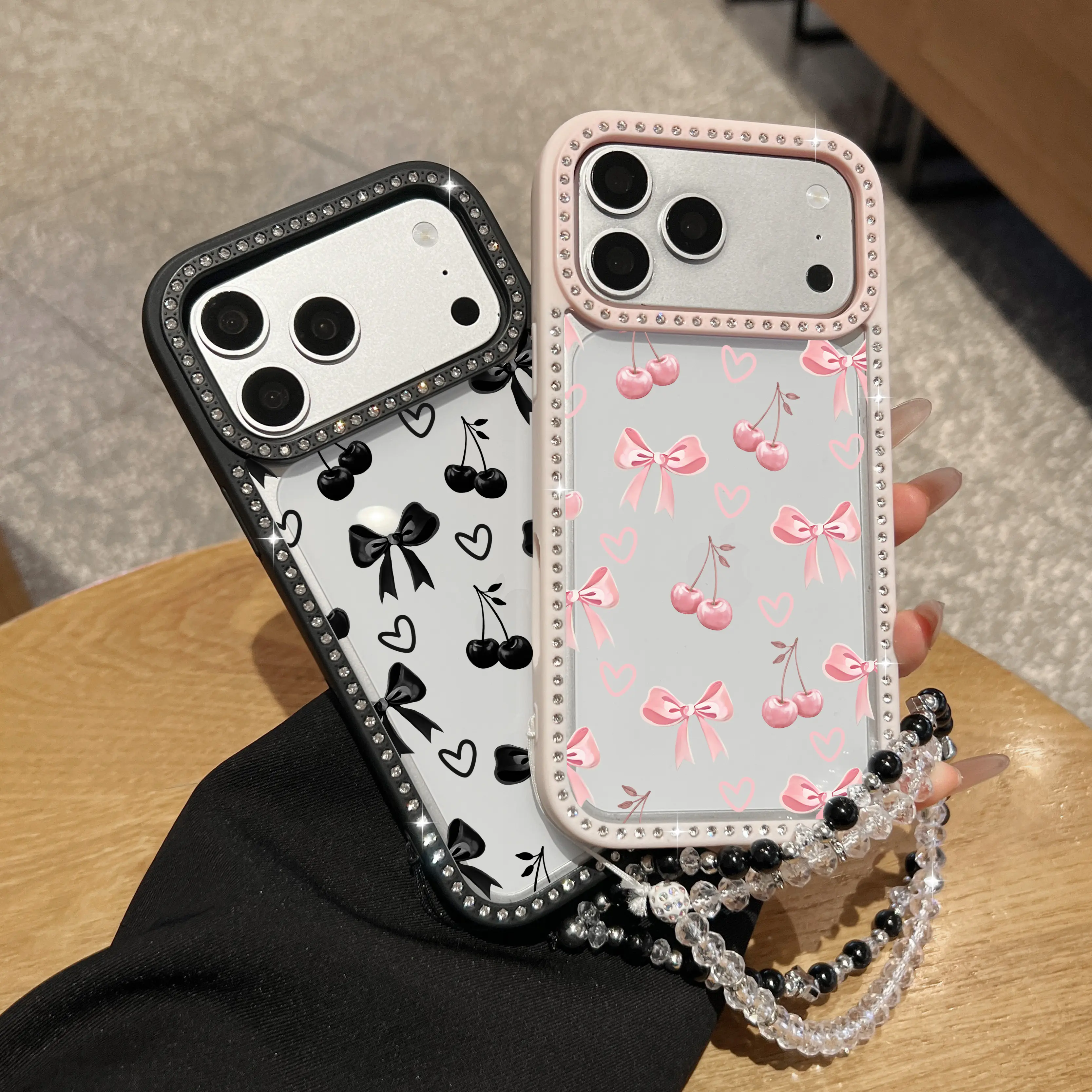 Aesthetic Bow and Cherry Rhinestone Phone Case for IP17Pro Max Air 16Plus 15 14 13 12 11 cases, Double-sided diamond-encrusted 3-in-1 design, Shockproof Drop,Protection Durable,Protective Silicone Cover, Gifts for Girls.
