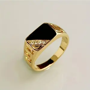 [Elegant Ring] Sophisticated Elegant Golden-Tone Square Triangle Ring |   Minimalist Design with Black Stone & Clear Gemstones |   Versatile Jewelry for Casual Attire or Vacation