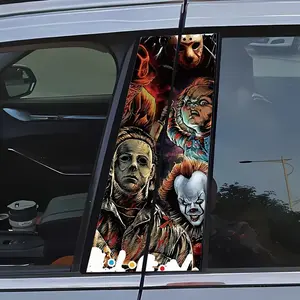 Anime Clown Car Middle B-Pillar Decal 2-Pack, Halloween Theme Vinyl Protective Film with Glitter, Self-Adhesive Cartoon Car Door Column Wrap, High-Gloss Finish for Glass Surfaces, Single Use Right Side Placement