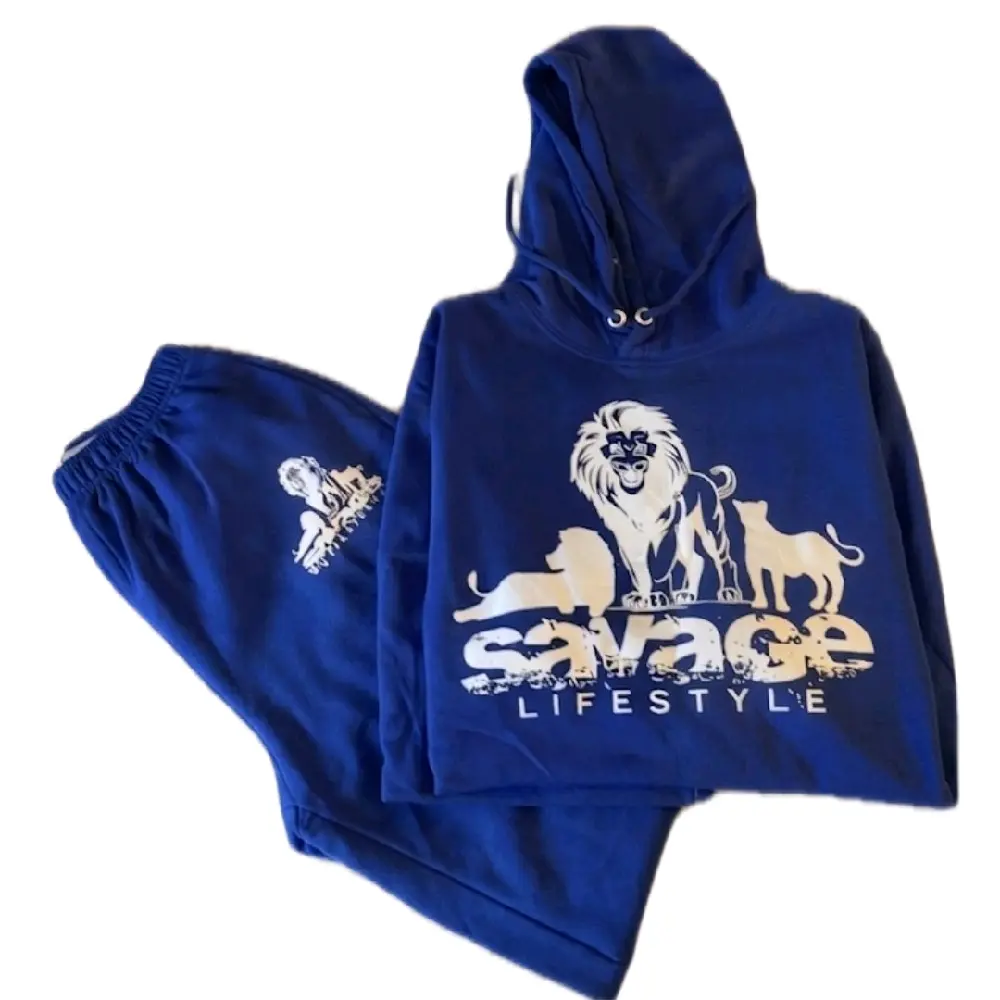 Savage Lifestyle Blue Hoodie & Sweatpants Set with Lion Graphic Design for Men