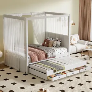 Twin Size Canopy Bed with Trundle and 3 Storage Drawers, Wood Twin Platform Bed, Linen Upholstery Twin Storage Bed Frame for Bedroom Guest Room, Beige