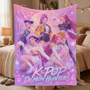 Huntrix Girl Stage Team Printed Blanket, K-Pop Design Pink Anime Idol Group Artwork with Crystal Lights and Hero Girl Energy, Cute Bedroom Decor for Teens, Dorm Bed, Sofa Lounge, Daily Relaxing, Sleepover Nights and Girl Group Style Gifts