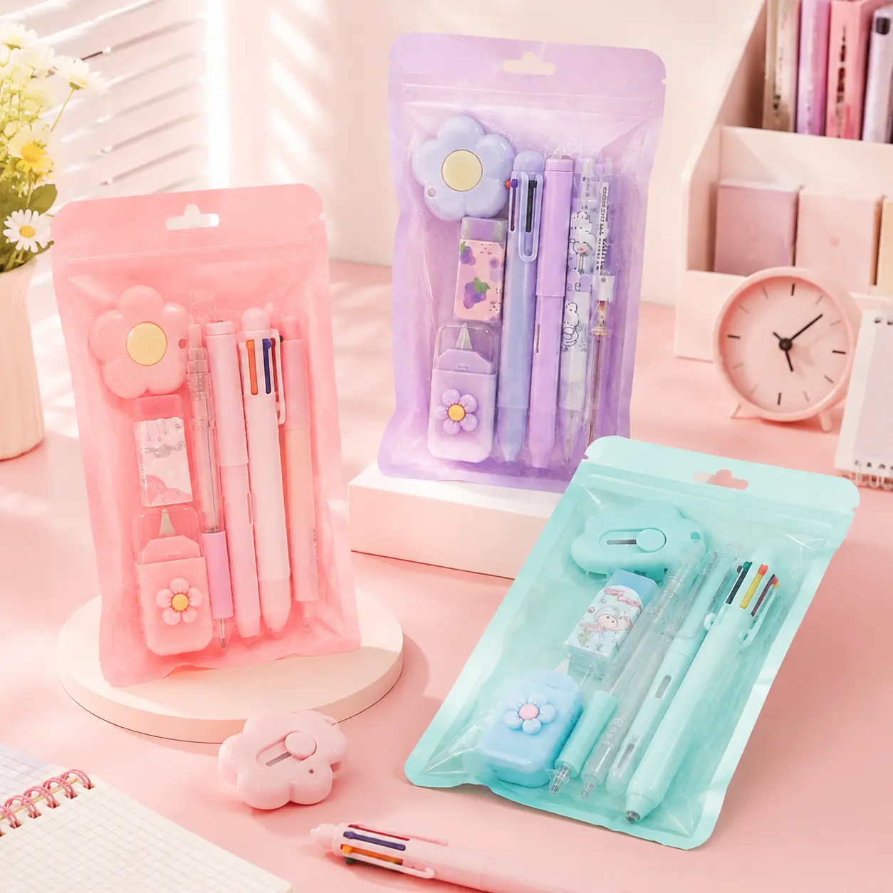 7 Pcs Kawaii Pastel Pink Stationery Set with Flowers - Mechanical Pencil, Ballpoint Pens, Pencil Sharpener, Highlighter, Correction Tape, Ruler, Utility Knife for Cute Desk Setup, Homework - Back-to-School Book Gift (Office & School Supplies)