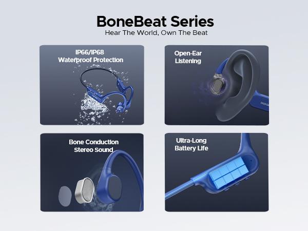 BoneBeat Swim Lite IP68 waterproof bone conduction headphones, Bluetooth + MP3 dual modes, open-ear design, up to 10 hours of playtime, Ideal for long swims, fitness, and outdoor adventures