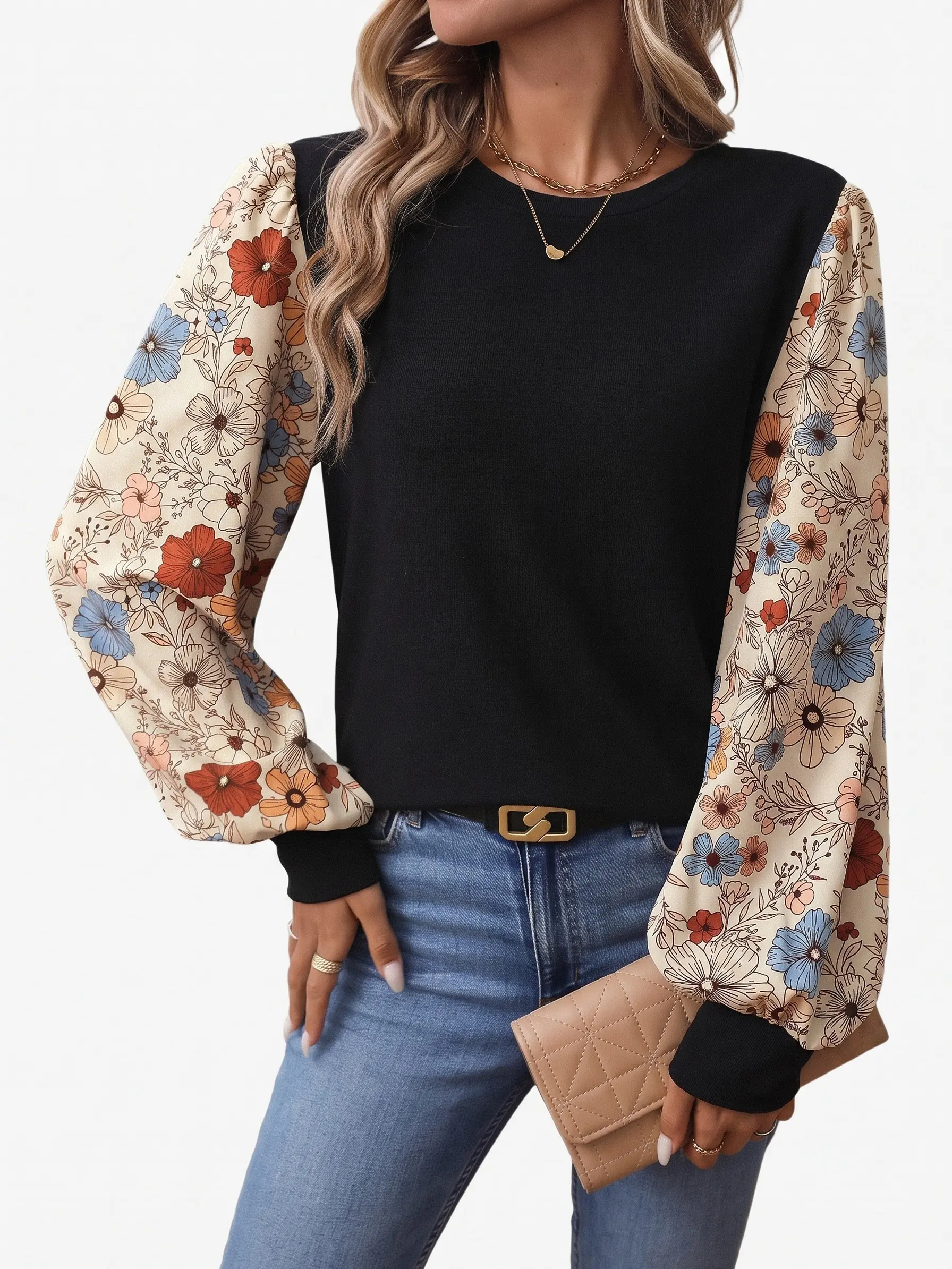 Women's Long Sleeve Tops Floral Puff Sleeve Shirts Crewneck Color Block Patchwork Casual Fall Blouses Balloon Belt