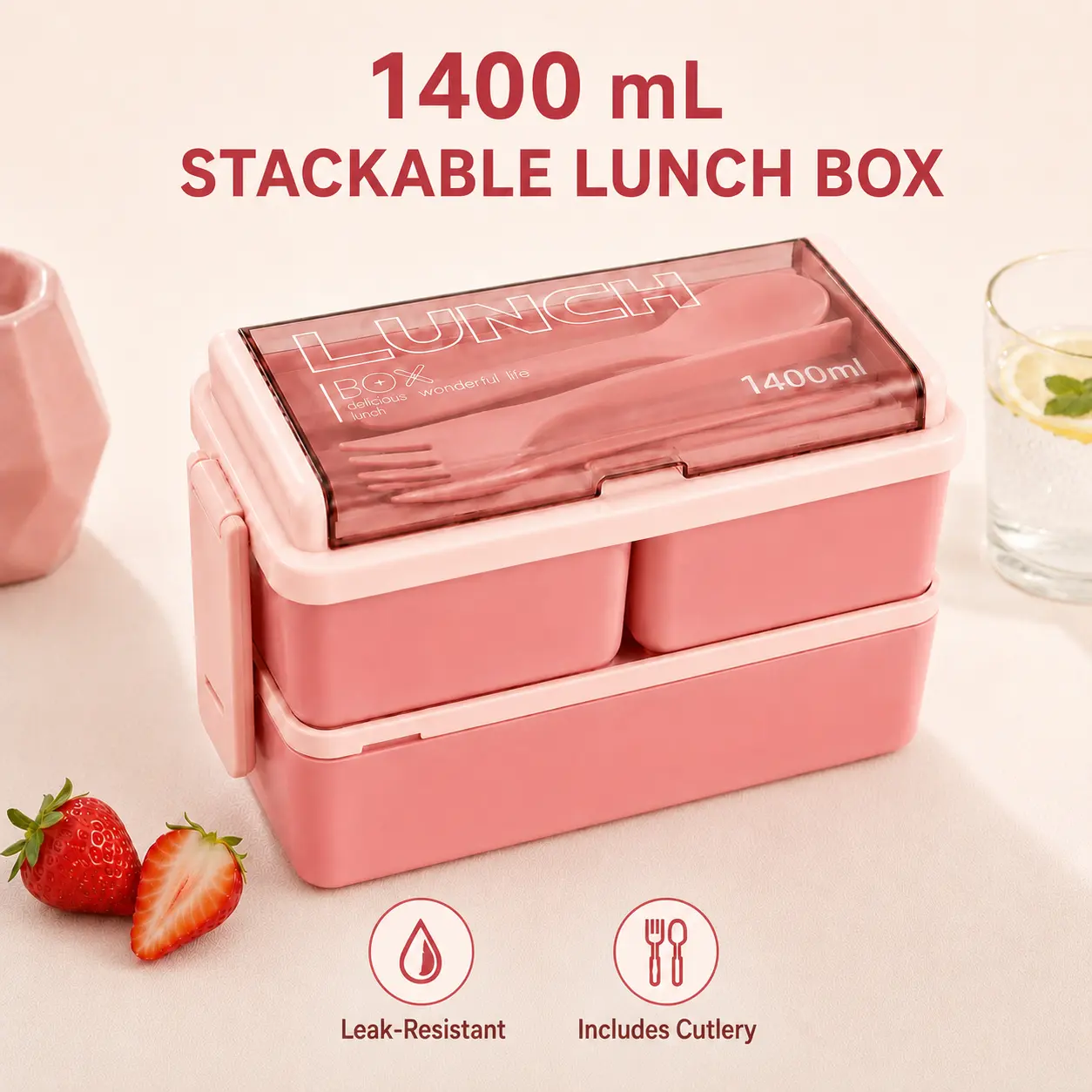 MIUVA Bento Box Adult Lunch Box, 1400ml 2-Layer Stackable lunchable food storage Container with 3 Compartments, Spoon & Fork, Microwave Dishwasher Freezer Safe Meal Prep Box tableware for Work, Middleschool,School, Picnic, Pink Microwavable Bento Box Leak