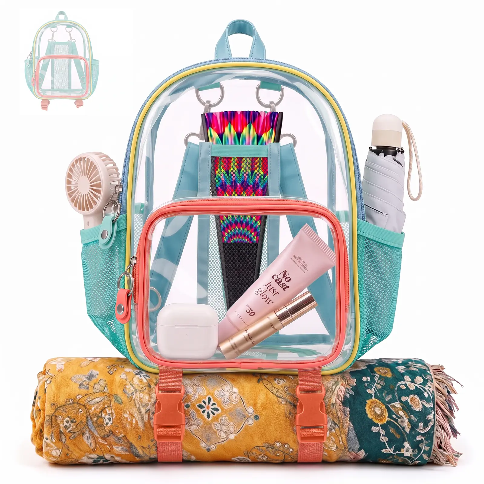 Women's Mini Clear Anti-Theft Backpack with Fan Holder for Stadium Events, Concerts