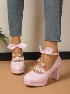 Multi-Color Butterfly Knot Pearl Chain Mary Jane Heels, Thick Sole Waterproof Platform, Japanese Soft Girl Style, Low Ankle Party Shoes