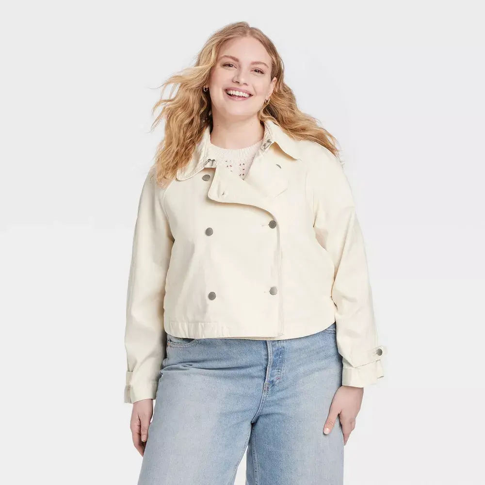 Women's Denim Cropped Trench Jacket - Universal Thread Off-White XXL