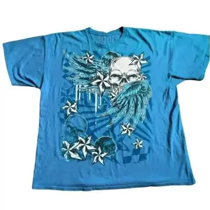 Vintage Skull Wings Graphic T Shirt Y2K Blue Grunge Punk Rock Streetwear Unisex Cotton Crew Neck Tee