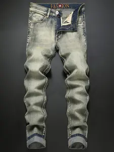 Men's Regular Fit Solid Patched Straight Leg High Quality Jeans, Fashion Casual Comfy Denim Pants for Daily Outdoor Wear, Mens Bottoms for All Seasons