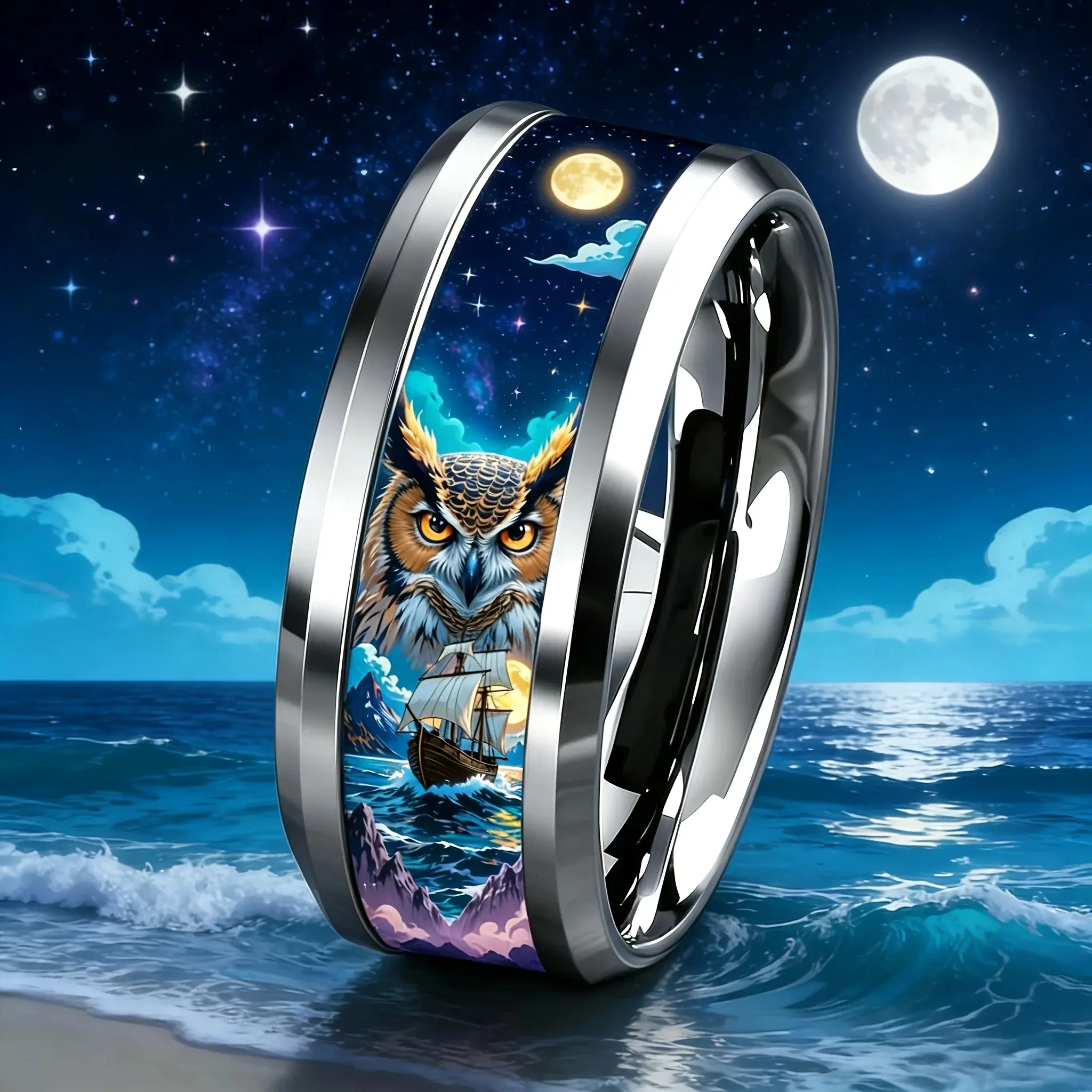 Fantasy Night Owl & Sea Ship Nautical Pattern Stainless Steel Rings For Women Men Wedding Party Jewelry Valentine's Day Gifts