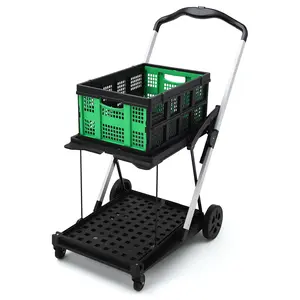 Foldable 2-Tier Shopping Cart, Portable Aluminum Grocery Trolley with Removable Storage Crate, Collapsible Wheel Utility Cart for Home, Office, Travel, Green - SummerVibes