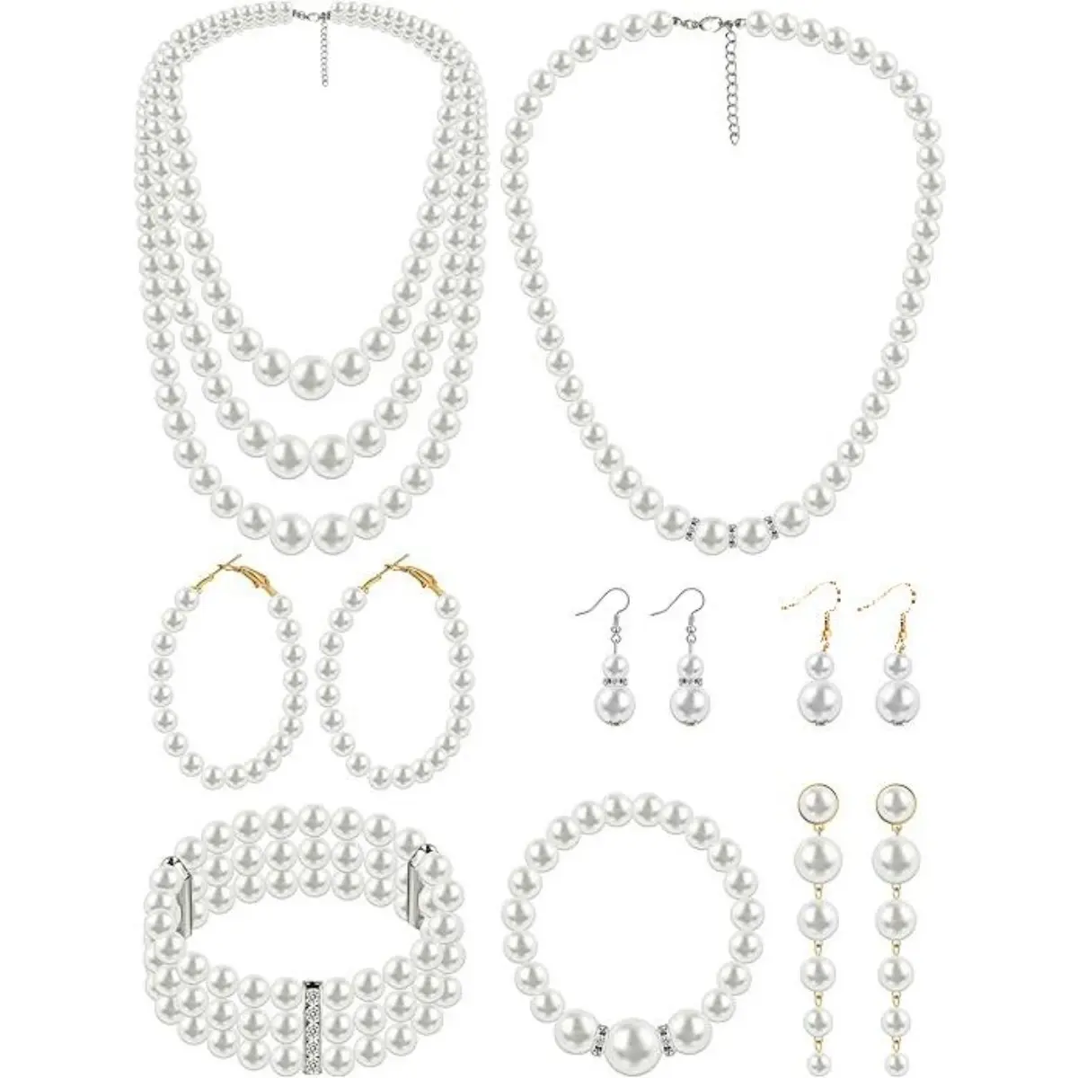 Women's 8-Piece Faux Pearl Jewelry Set, Elegant Bridal Accessory with Rhinestone Necklace, Earrings, and Bracelets for Weddings, Bridal Jewelry Set For Wedding, Complete Accessories Set