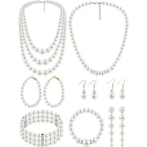8 pieces of women's pearl necklace and earring set, artificial pearl bracelet, wedding gift, birthday party costume jewelry set
