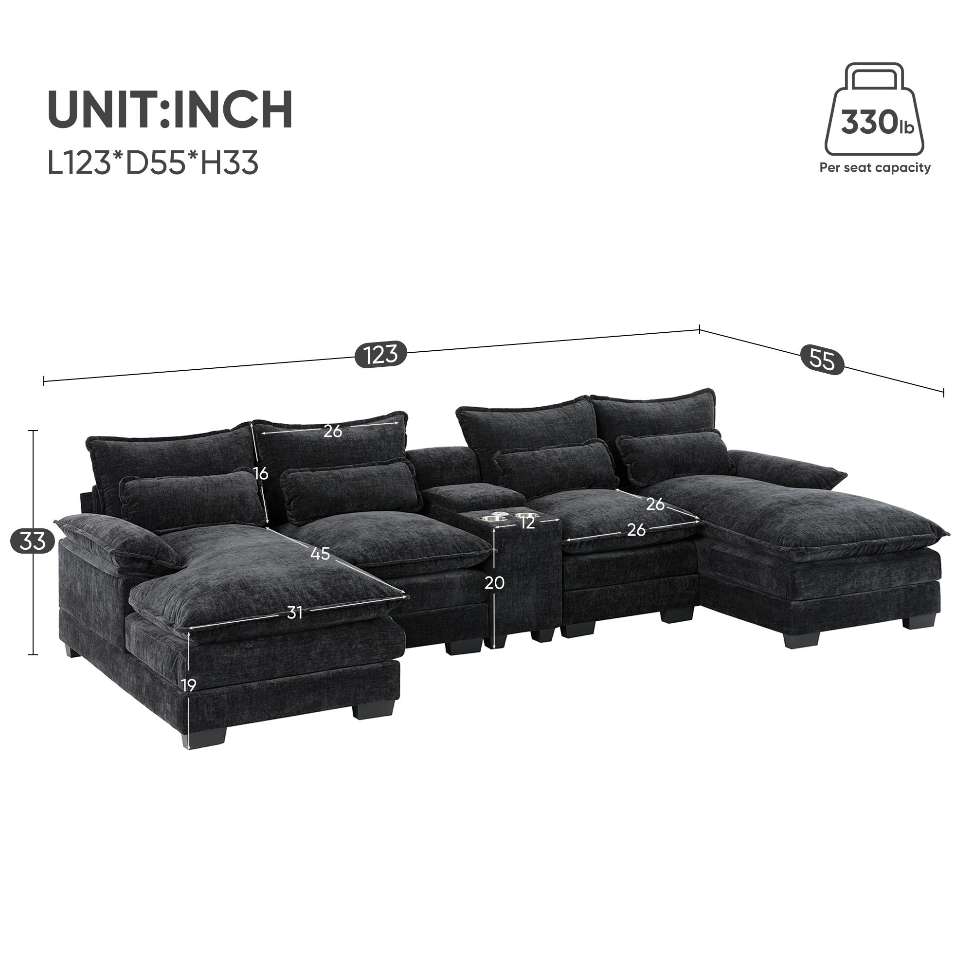123*55" Modern U-shaped Sectional Sofa with Console, Cup Holders and USB Charger, 6 Seat Upholstered Symmetrical Indoor Furniture, Comfy Chenille Cloud Couch with Chaise for Living Room, Apartment 123*55" Modern U-shaped Sectional Sofa with Console, Cup Holders and USB Charger, 6 Seat Upholstered Symmetrical Indoor Furniture, Comfy Chenille Cloud Couch with Chaise for Living Room, Apartment