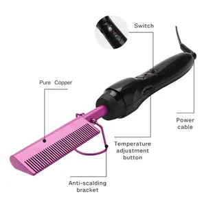 Copper Hot Comb Hair Straightener - Electric Comb with Temperature Adjustment, Compact Size, Easy to Use, Pink Smooth Comfort, Anti-Scalting Bracket