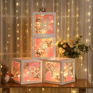 Shower Balloon Box Decorations, 4 count  Blocks Transparent Balloon Boxes with " GIRL" Letters, 4 Pack Led Fairy String Lights and 40 count Latex Balloons for  Backdrop()