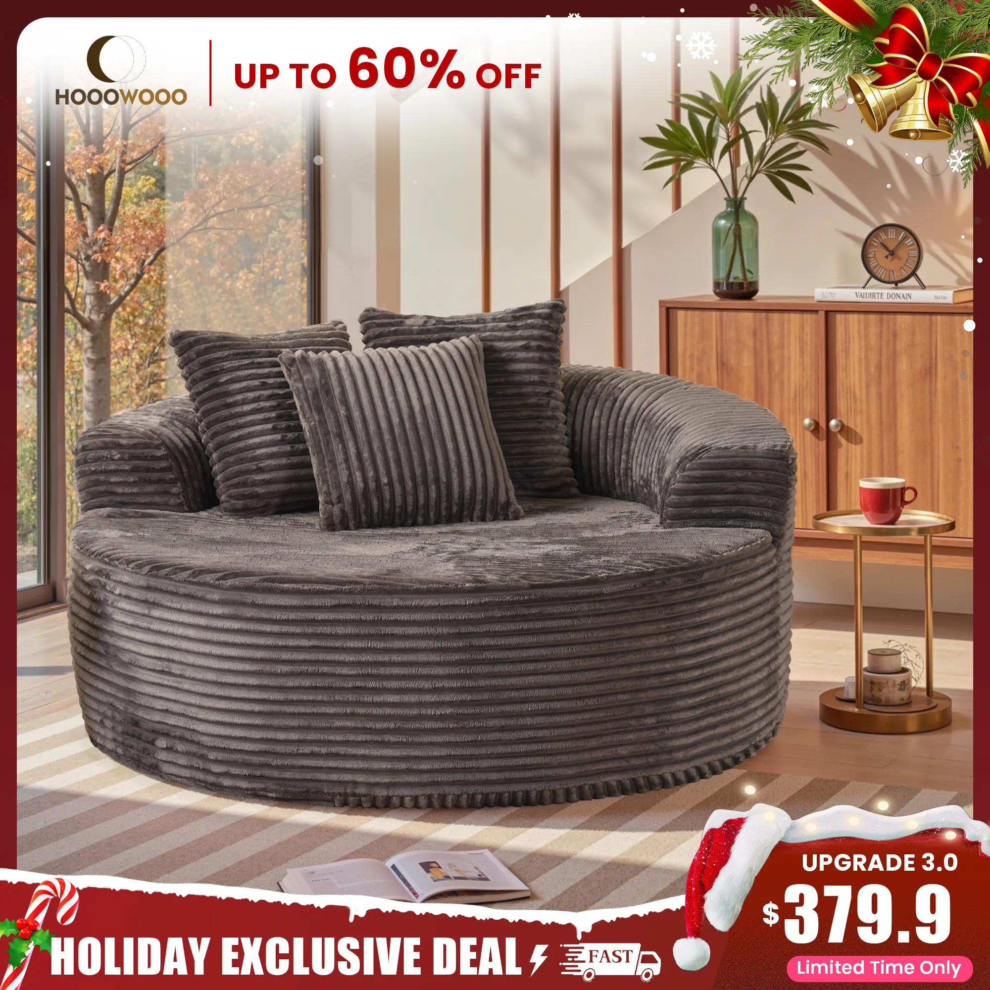 HOOOWOOO 59 Inch Oversized Chaise Lounge Chair Indoor, Round Plush Corduroy Sofa Bed with 3 Throw Pillows, Boneless Sleeper Chairs for Living Room Bedroom, No Assembly Required