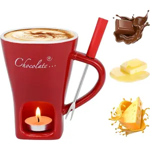 Cup for Chocolate Cheese Candy Butter - Chocolate Fondue Mug with Fork & 4 Candle, Mini Ceramic Chocolate Melting Cup, Personal Chocolate Melting Pot for Date Night Birthday Wedding (Red)