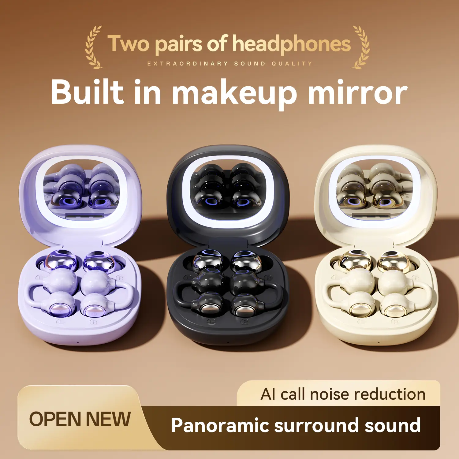 2 Pairs Wireless Earbuds Set, Cute Couple Bluetooth Headphones with Makeup Mirror Charging Case, Clip-On Open-Ear Earbuds & In-Ear Sleep Earbuds with Mic for Travel, Work, Daily Use & Gifts