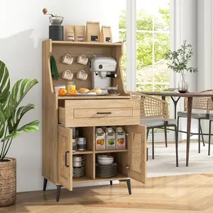 Giantex 45.5” Kitchen Pantry Cabinet, Buffet Sideboard w/Hutch, PVC Rattan Door, DIY Pegboard, Drawer, Adjustable Shelf, Metal Legs, Microwave Stand, Wood Storage Cabinet for Coffee Bar Kitchen
