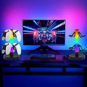 RGB LED Gaming Desk Lamp with Headphone Stand, Controller Holder, USB Powered, Color Changing Ambiance Light, Ideal for Game Room Office Party Decor, RGB Atmosphere Lights