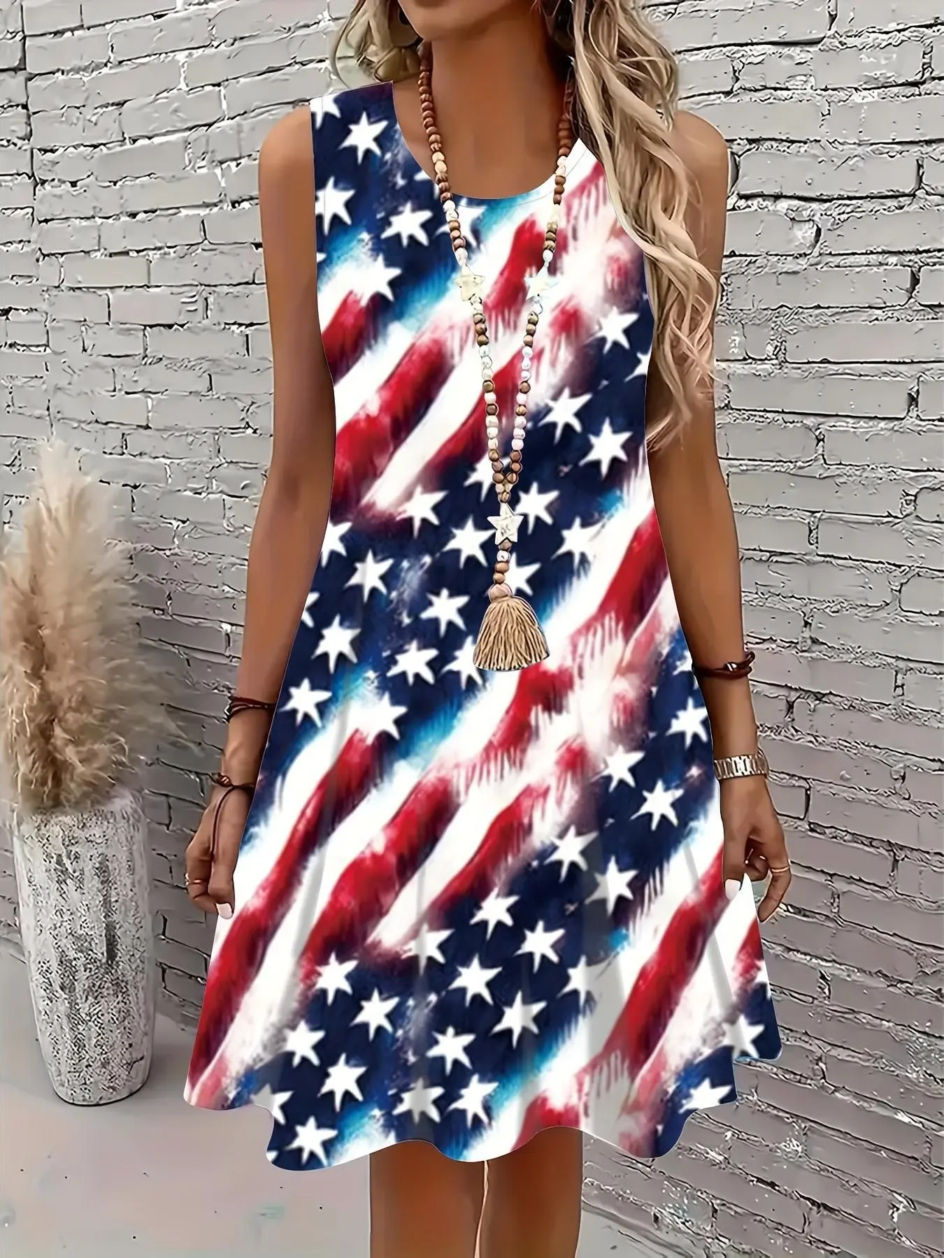 Women'S Patriotic 3D Independence Day Flag Print Sleeveless Dress - Elegant American Flag Design, Crew Neck, Lightweight   Attire, Sleeveless Dress|Relaxed Fit Dress|Lightweight Fabric, American Flag Clothes beach style summer solid long rave wear line