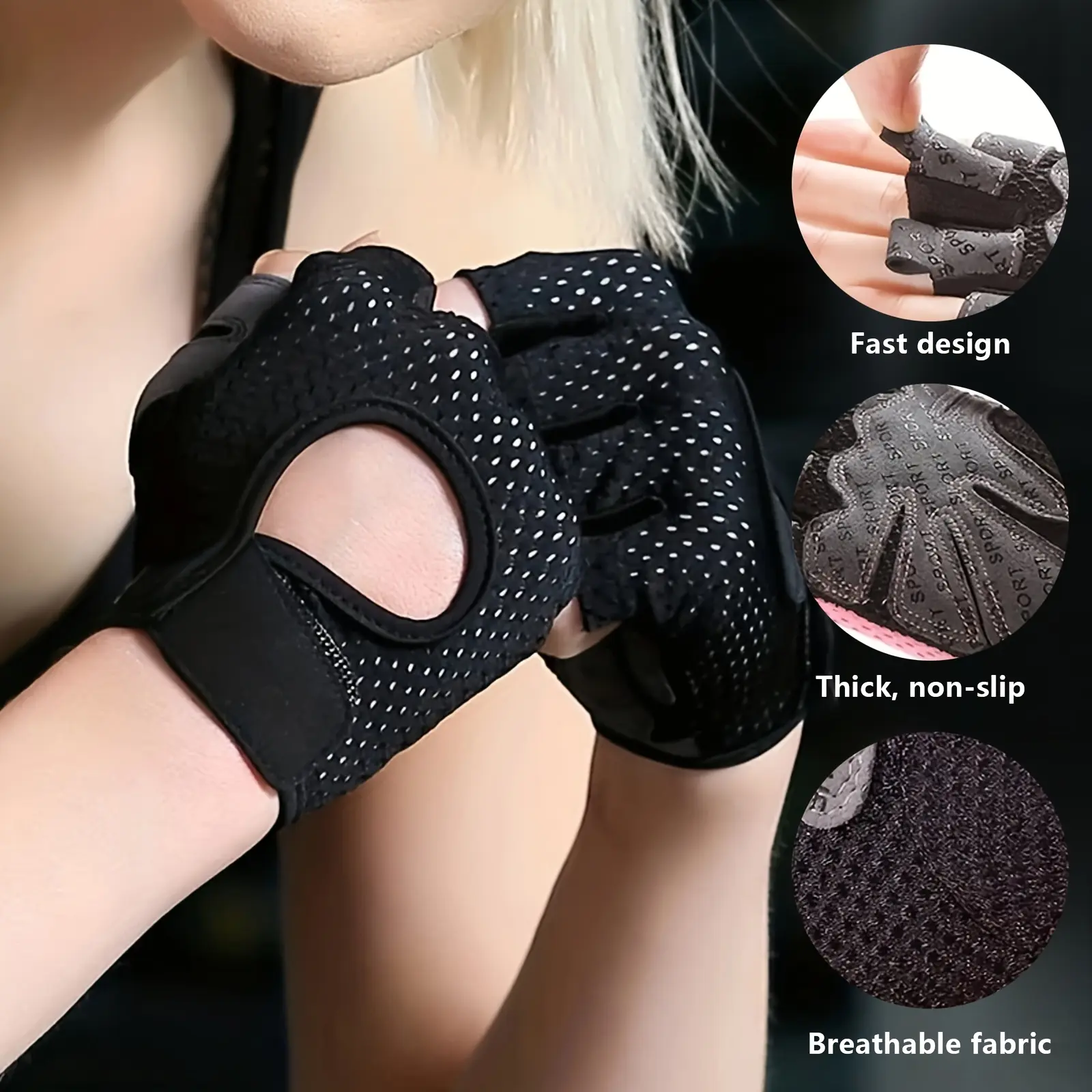Women's Breathable Half-Finger Handling Cleaning Gloves - Elastic Sport Band, Adjustable Size Closure, Thick Non-Slip Grip, Lightweight, Thicker, No-Slip Elastic, Sporty Look - Home Care Supplies, Black with White Dots