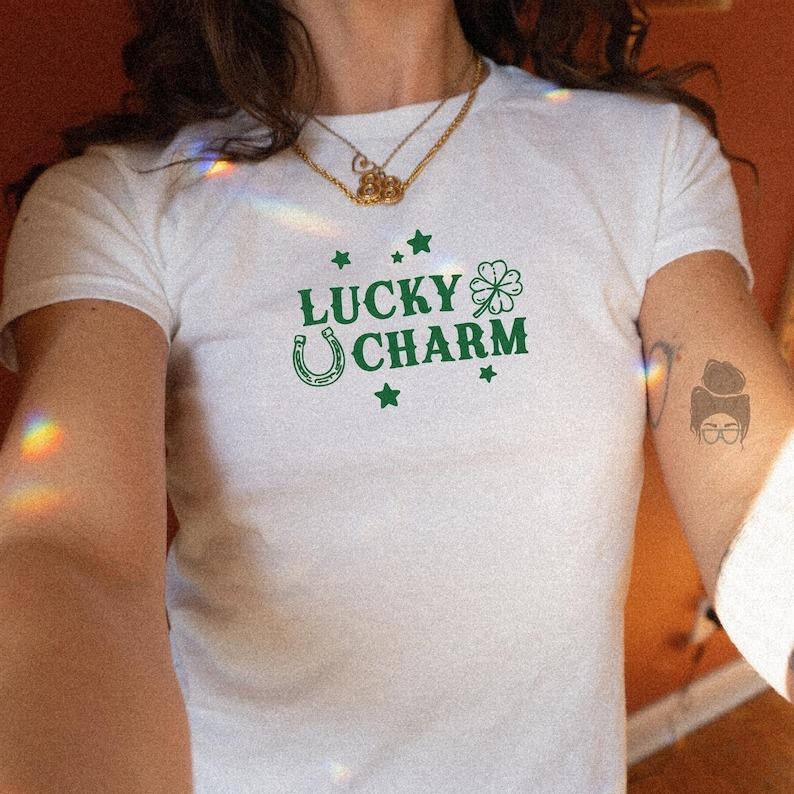 Lucky Charm Baby Tee, St Patricks Day Baby Tee, Sorority Baby Tee For Women, Lucky You Irish Tee, White Tee With Phrase, Trendy Cropped Tee