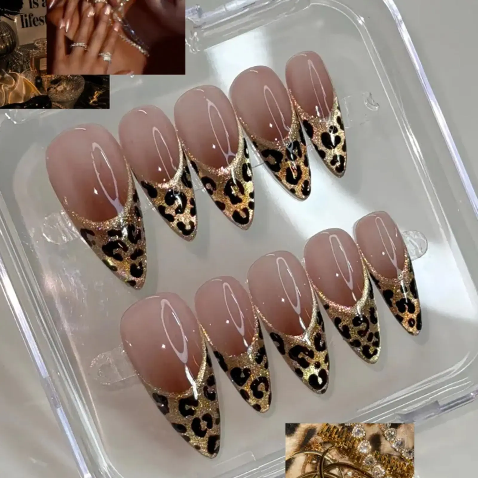Leopard Print Press On Nails | Gold Glitter French Tip Nails | Nude Stiletto Fake Nails | Glam Animal Print Nail Set