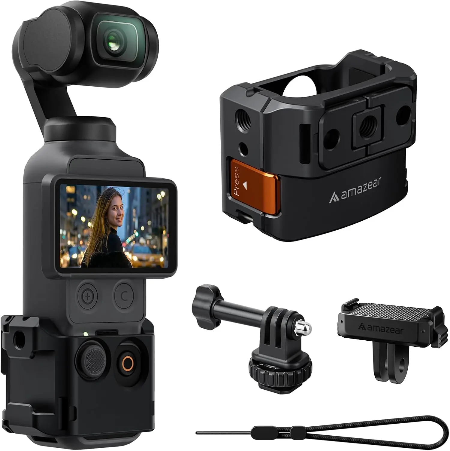AMAZEAR Protective Cage for DJI OSMO Pocket 4/3/Xtra Muse Accessories, Metal Cage Multifunction Frame Expansion with Quick Mount Bracket, Wrist Strap, Hot-Shoe for GoPro Adapter, Midnight